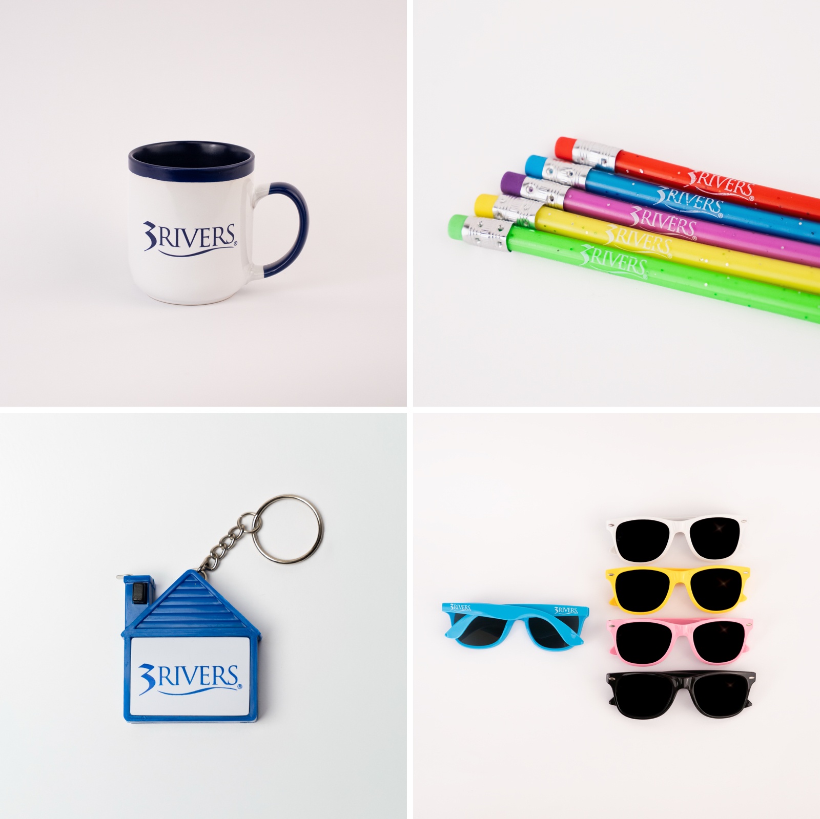Mug, Pencils, Tape Measure Keychain, and Sunglasses