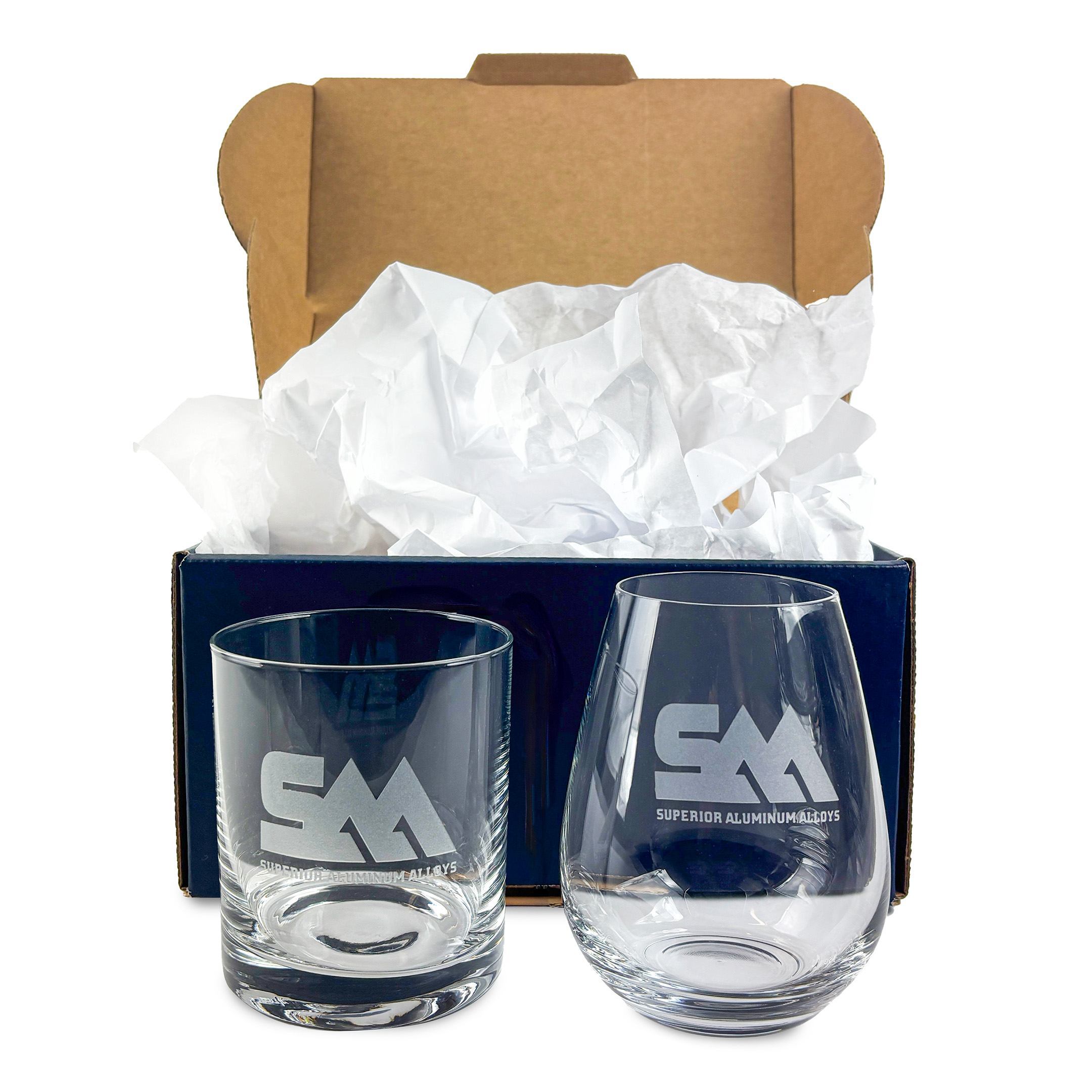 Branded whiskey and wine glasses