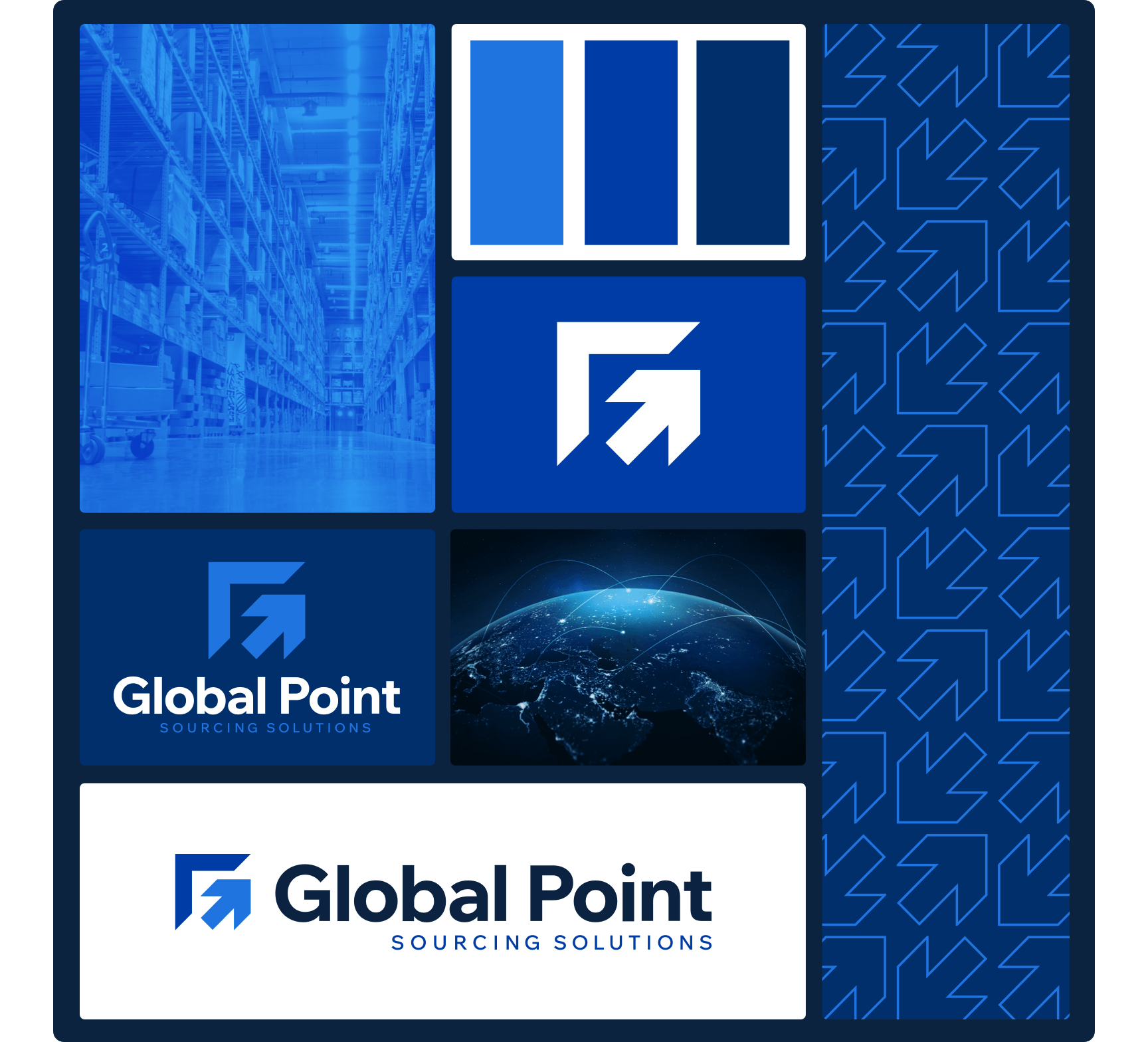 Brand board showing logos, colors, imagery, and patterns for the Global Point Sourcing Solutions rebrand.